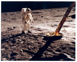 Apollo 11, Buzz Aldrin near a leg of the Lunar Module (AS11-40-5902)